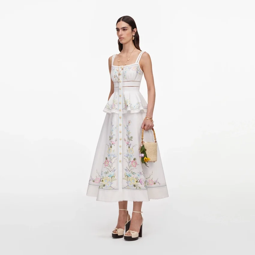 White Floral Linen Blend Peplum Midi Dress White Floral Linen Blend Peplum Midi Dress