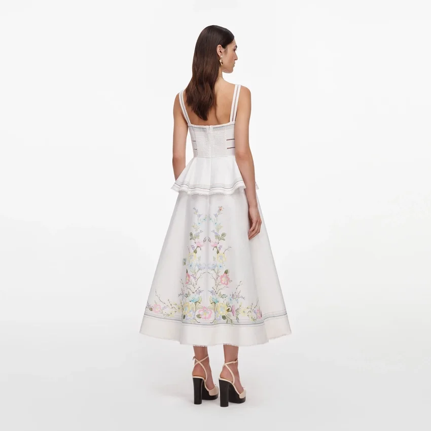 White Floral Linen Blend Peplum Midi Dress White Floral Linen Blend Peplum Midi Dress