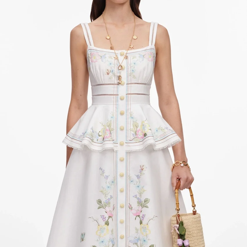 White Floral Linen Blend Peplum Midi Dress White Floral Linen Blend Peplum Midi Dress