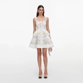 White Floral Linen Blend Peplum Mini Dress