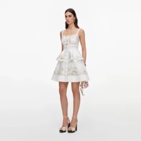 White Floral Linen Blend Peplum Mini Dress
