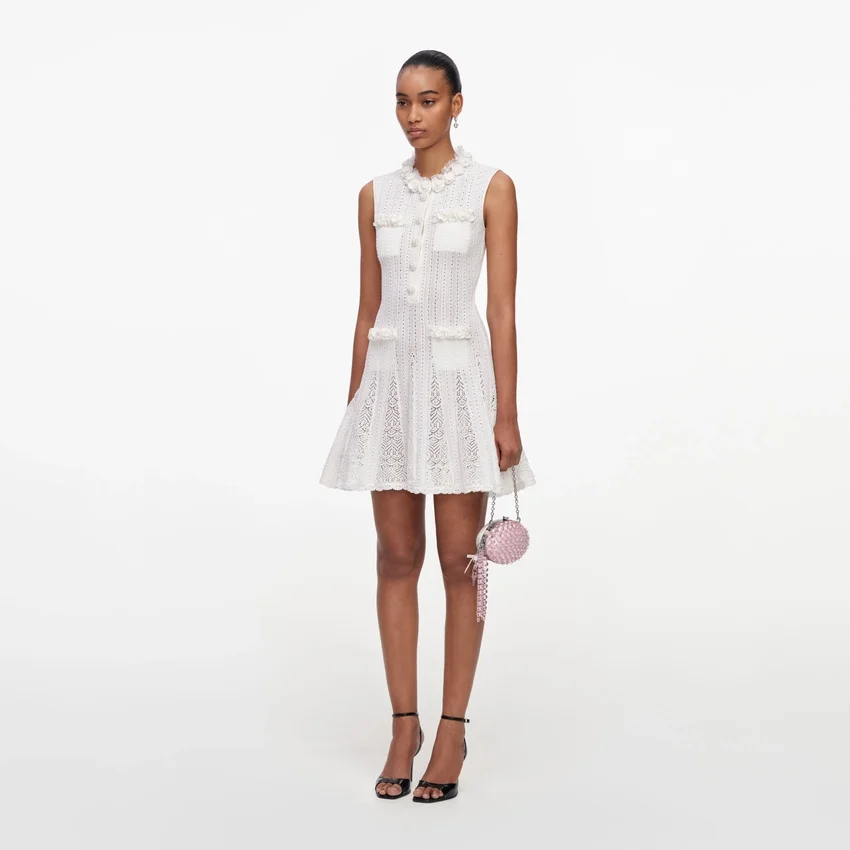 White Flower Trim Knit Mini Dress White Flower Trim Knit Mini Dress
