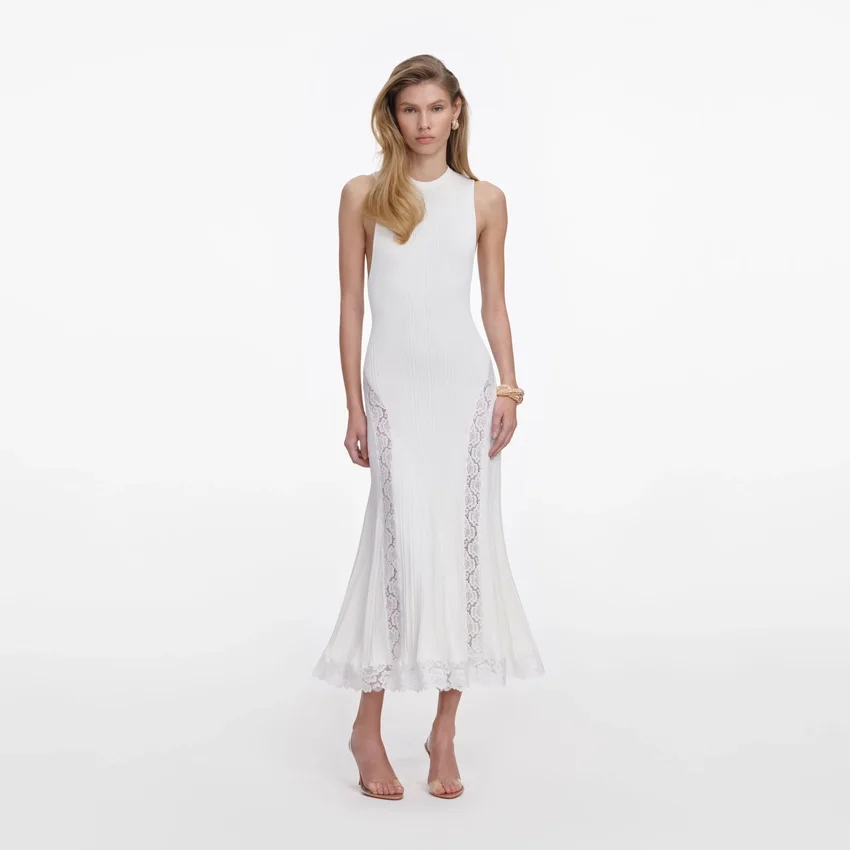White Knit Lace Insert Midi Dress White Knit Lace Insert Midi Dress