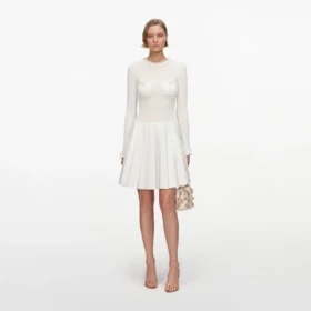 White Knit Pleated Twill Mini Dress