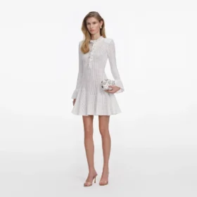 White Lace Collared Pointelle Knit Mini Dress