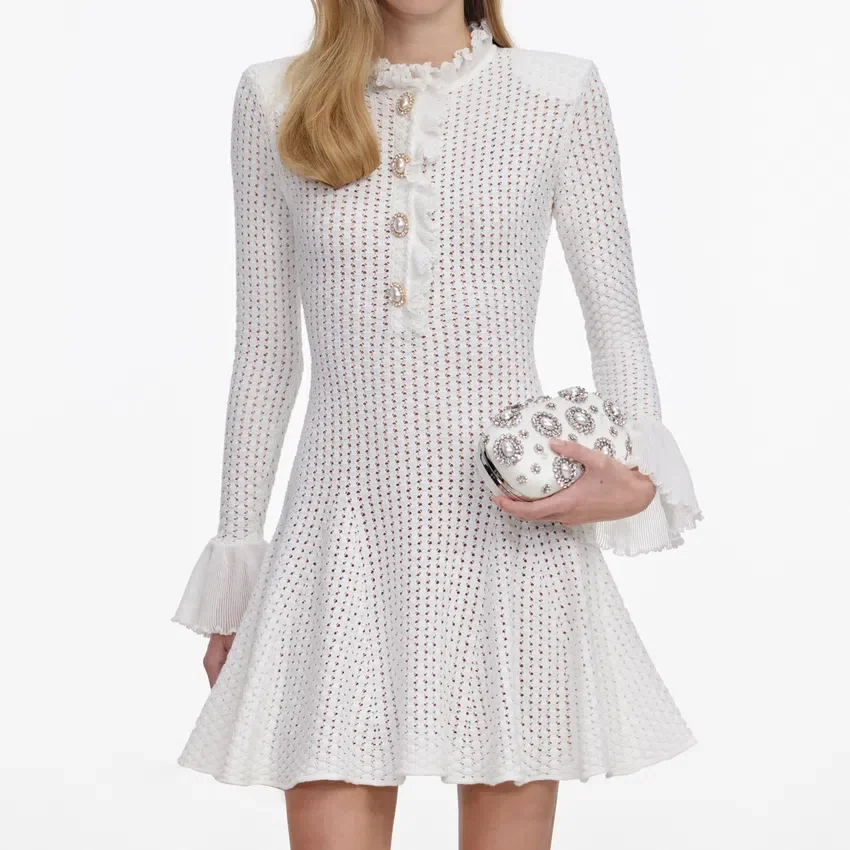 White Lace Collared Pointelle Knit Mini Dress White Lace Collared Pointelle Knit Mini Dress