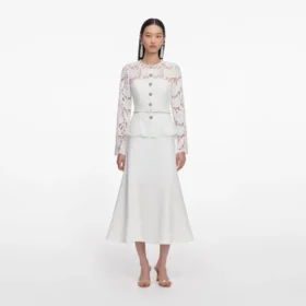 White Lace Crepe Midi Dress