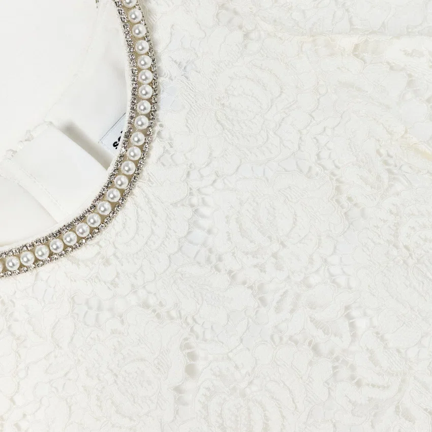 White Lace Pearl Trim Dress White Lace Pearl Trim Dress