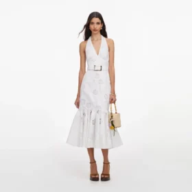 White Linen Blend Halterneck Midi Dress