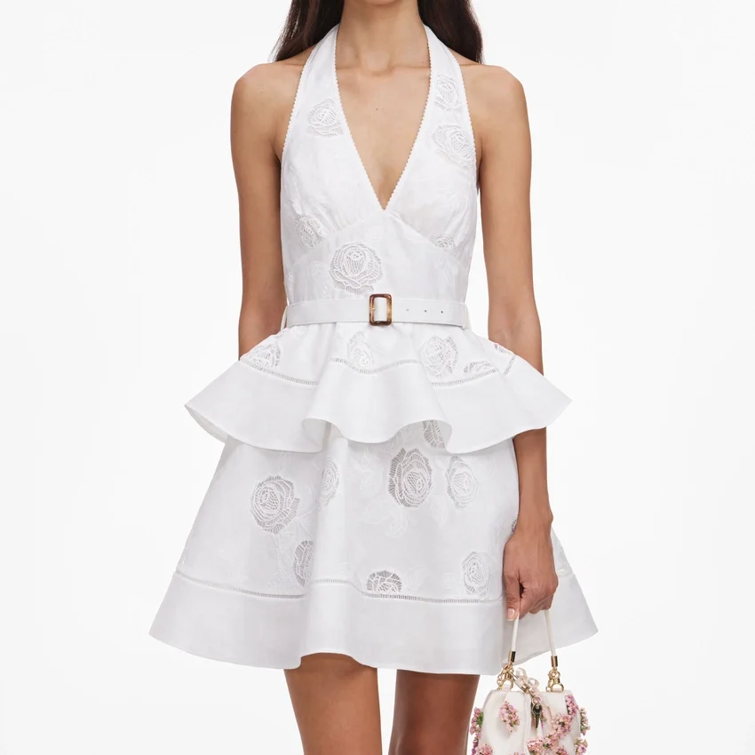 White Linen Blend Peplum Mini Dress White Linen Blend Peplum Mini Dress