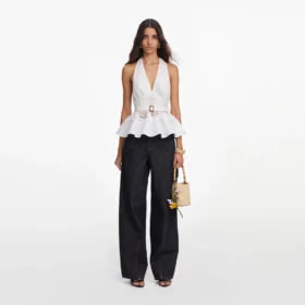 White Linen Blend Peplum Top