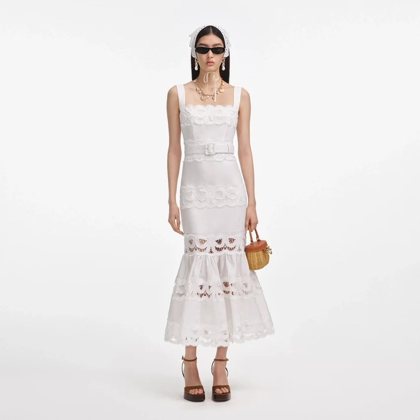 White Linen Lace Insert Midi Dress White Linen Lace Insert Midi Dress