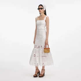 White Linen Lace Insert Midi Dress