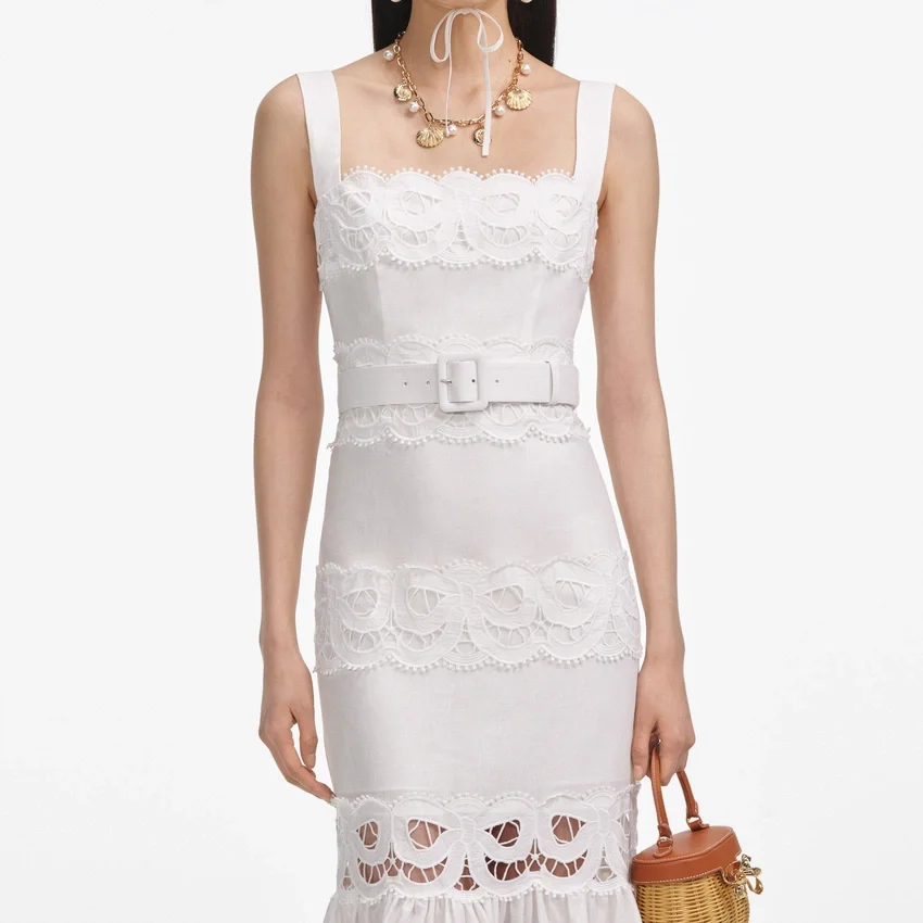 White Linen Lace Insert Midi Dress White Linen Lace Insert Midi Dress