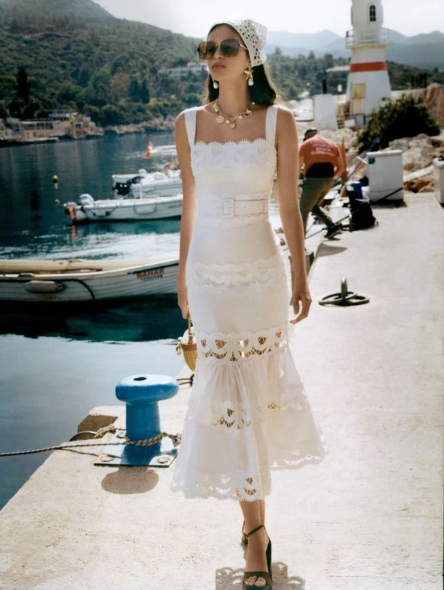 White Linen Lace Insert Midi Dress White Linen Lace Insert Midi Dress