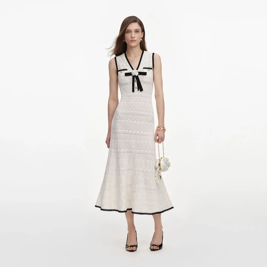 White Pointelle Knit Bow Midi Dress White Pointelle Knit Bow Midi Dress