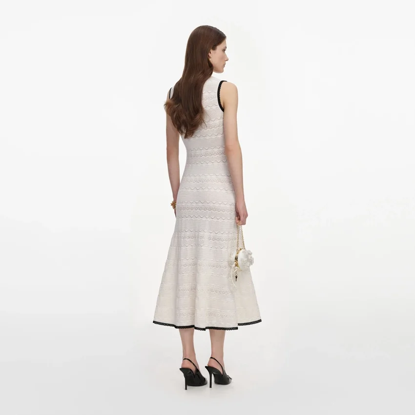 White Pointelle Knit Bow Midi Dress White Pointelle Knit Bow Midi Dress