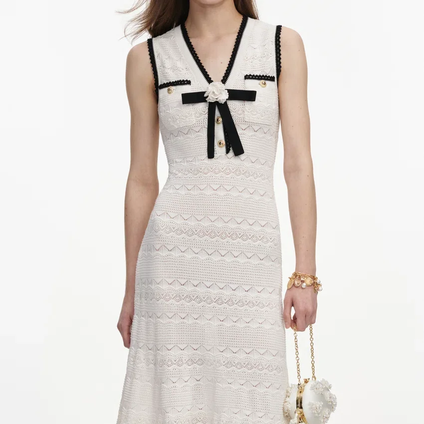 White Pointelle Knit Bow Midi Dress White Pointelle Knit Bow Midi Dress
