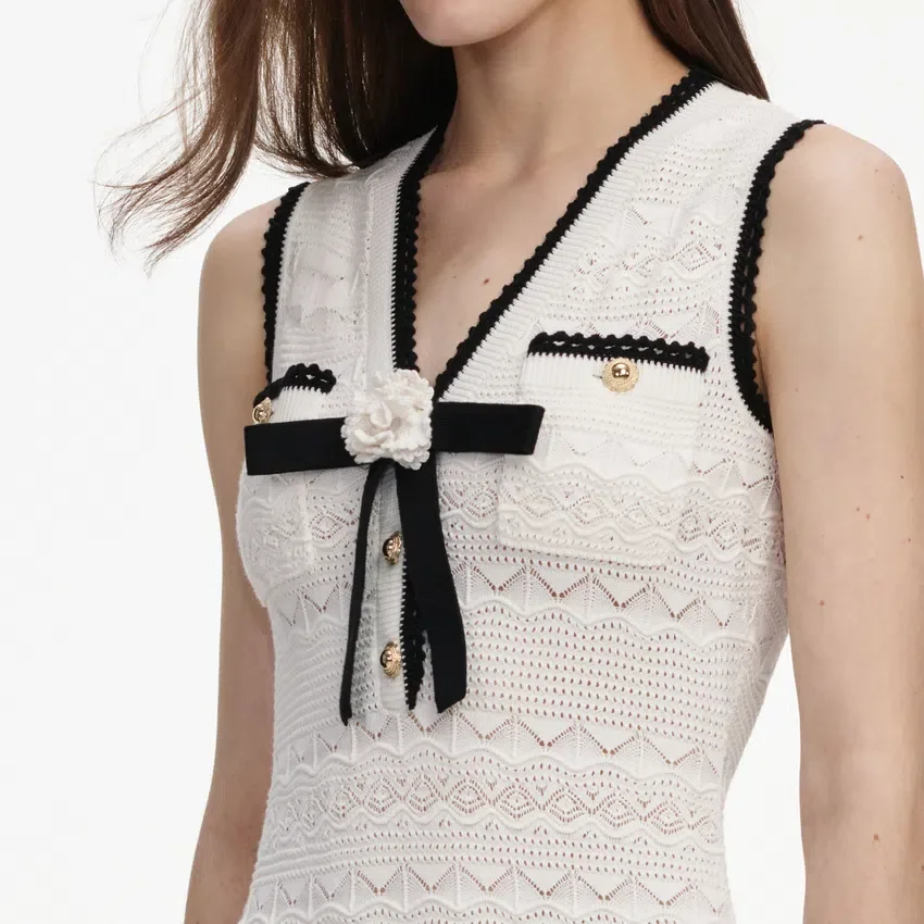 White Pointelle Knit Bow Midi Dress White Pointelle Knit Bow Midi Dress