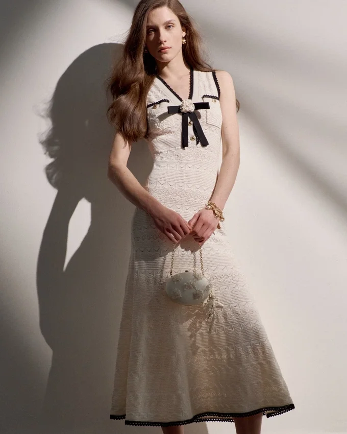 White Pointelle Knit Bow Midi Dress White Pointelle Knit Bow Midi Dress