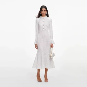 White Pointelle Knit Flare Midi Dress
