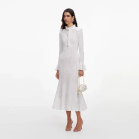 White Pointelle Knit Flare Midi Dress