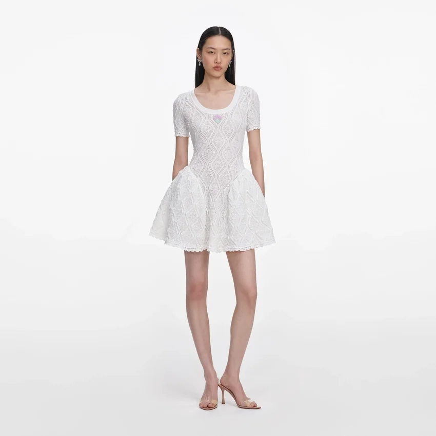 White Pointelle Knit Flared Mini Dress White Pointelle Knit Flared Mini Dress