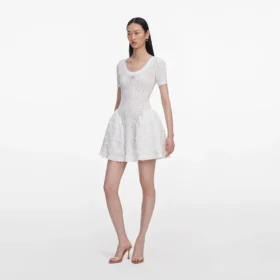 White Pointelle Knit Flared Mini Dress