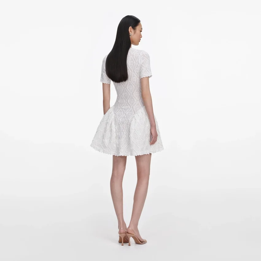 White Pointelle Knit Flared Mini Dress White Pointelle Knit Flared Mini Dress