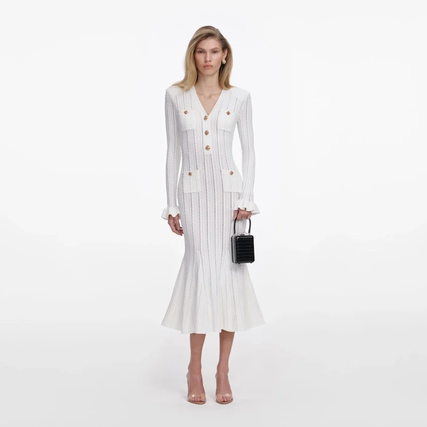 White Pointelle Knit Midi Dress White Pointelle Knit Midi Dress