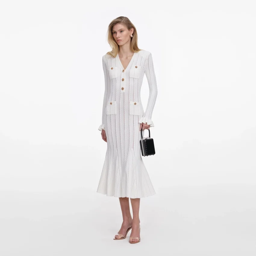 White Pointelle Knit Midi Dress White Pointelle Knit Midi Dress