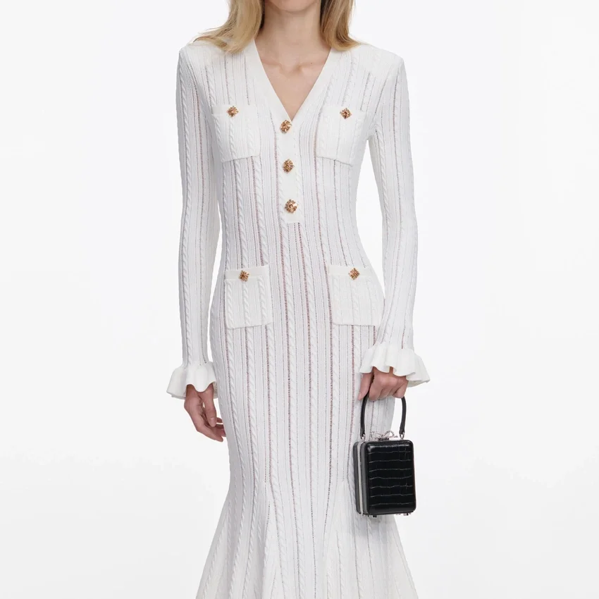 White Pointelle Knit Midi Dress White Pointelle Knit Midi Dress