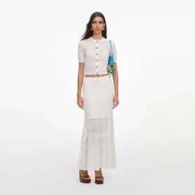 White Pointelle Knit Midi Skirt