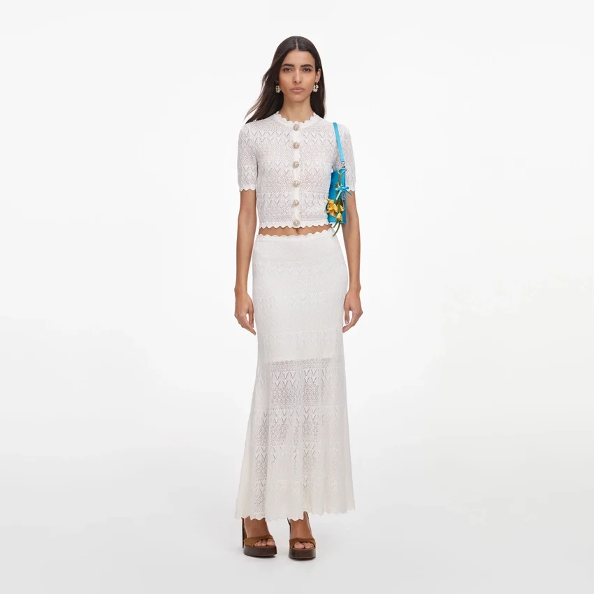 White Pointelle Knit Midi Skirt White Pointelle Knit Midi Skirt