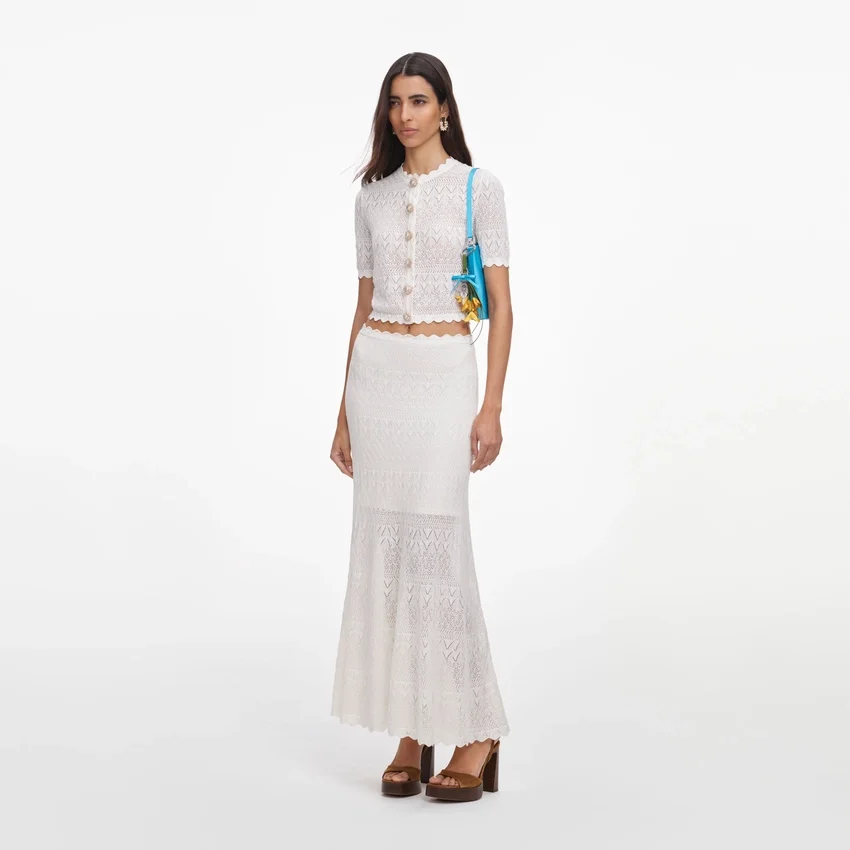 White Pointelle Knit Midi Skirt White Pointelle Knit Midi Skirt