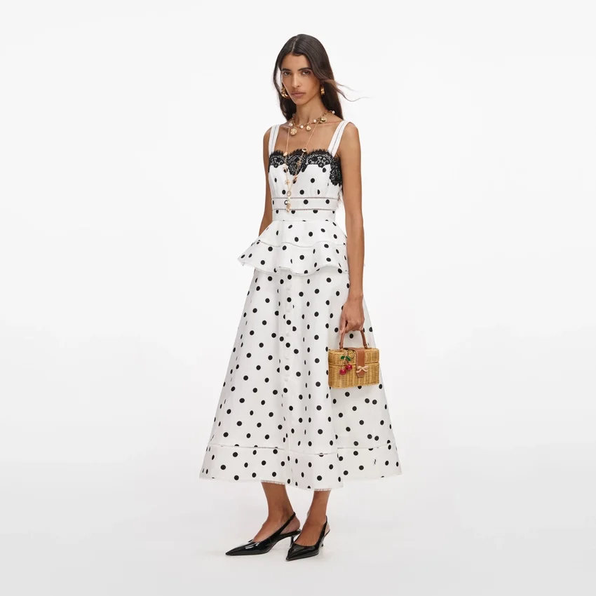 White Polka Dot Linen Midi Dress White Polka Dot Linen Midi Dress