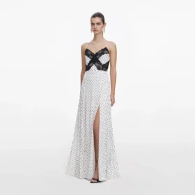 White Polka Dot Satin Lace Maxi Dress
