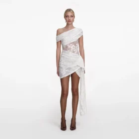 White Rhinestone Lace Tie Side Mini Dress
