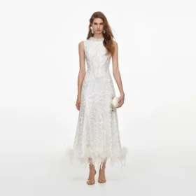 White Sequin Lace Feather Midi Dress