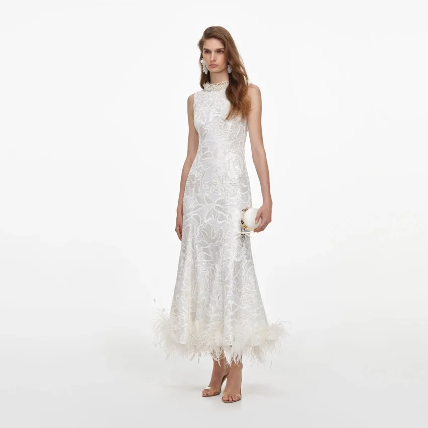 White Sequin Lace Feather Midi Dress White Sequin Lace Feather Midi Dress