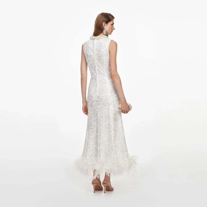 White Sequin Lace Feather Midi Dress White Sequin Lace Feather Midi Dress