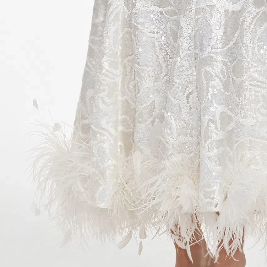 White Sequin Lace Feather Midi Dress White Sequin Lace Feather Midi Dress