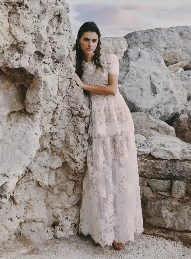 White Sequin Lace Tiered Maxi Dress White Sequin Lace Tiered Maxi Dress