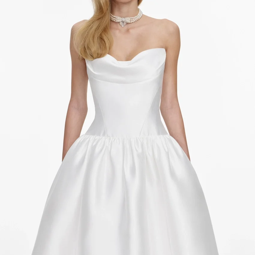 White Taffeta Strapless Midi Dress White Taffeta Strapless Midi Dress