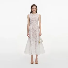 White Tulle Lace Midi Dress