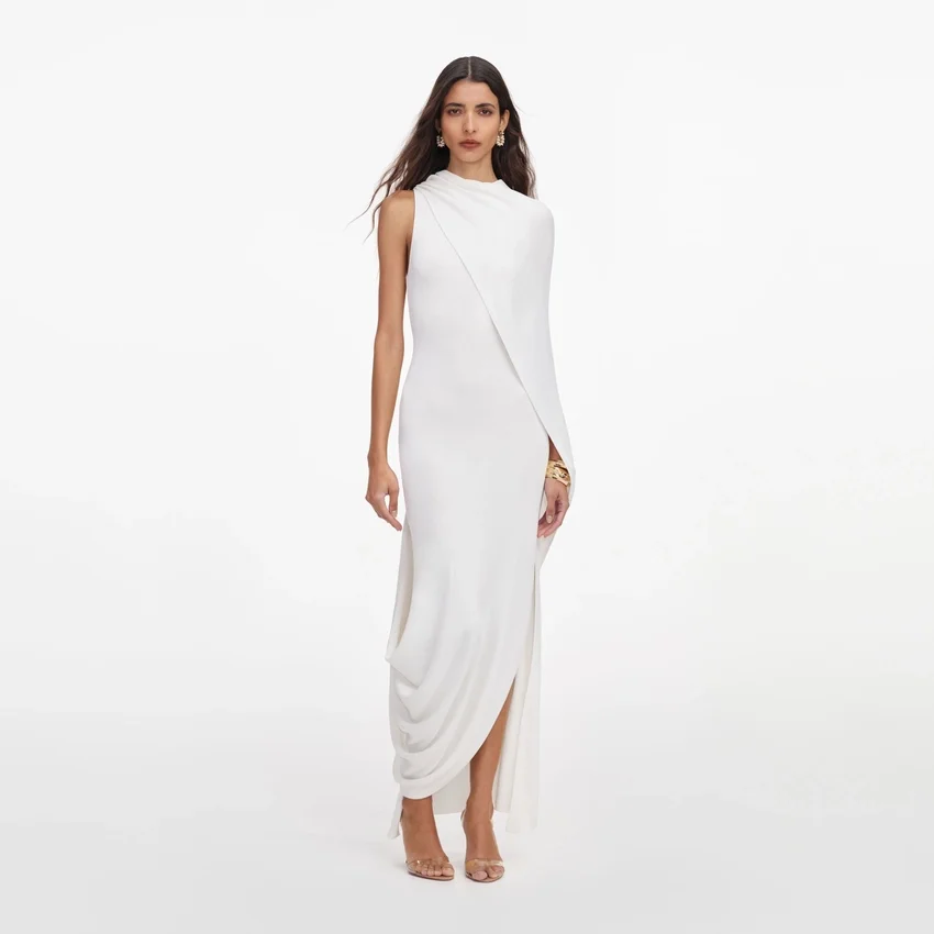 White Viscose Knit Drape Maxi Dress White Viscose Knit Drape Maxi Dress