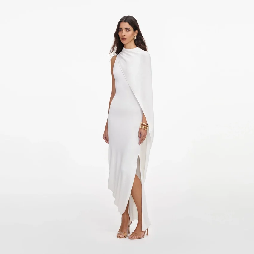 White Viscose Knit Drape Maxi Dress White Viscose Knit Drape Maxi Dress