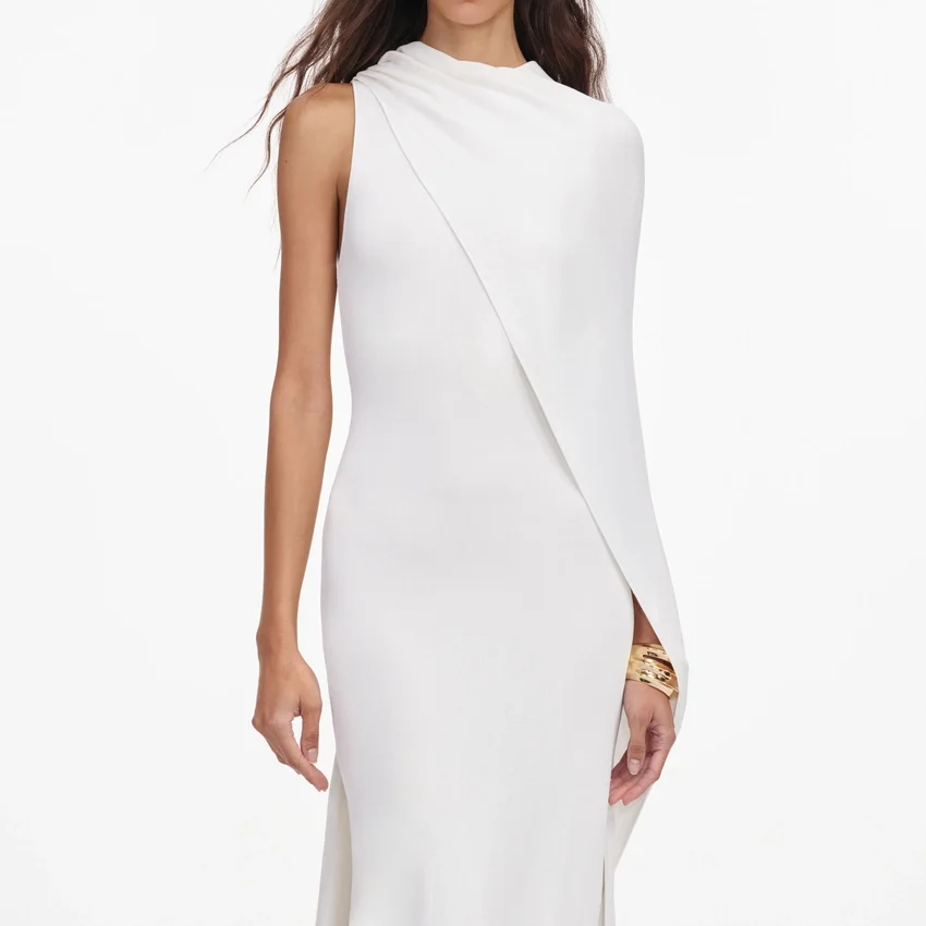White Viscose Knit Drape Maxi Dress White Viscose Knit Drape Maxi Dress