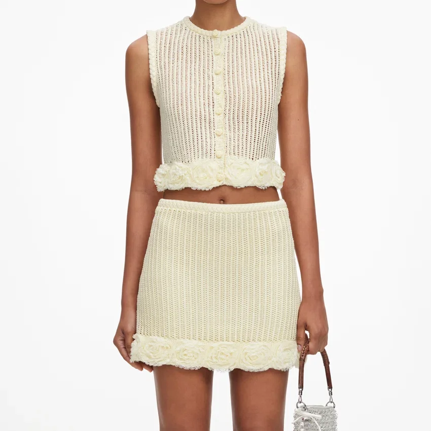 Yellow Crochet Flower Knit Mini Skirt Yellow Crochet Flower Knit Mini Skirt