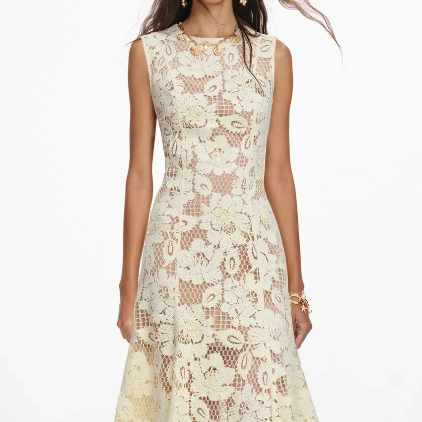 Yellow Crochet Lace Midi Dress Yellow Crochet Lace Midi Dress